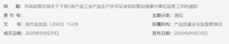 市場監(jiān)管總局：5類產(chǎn)品生產(chǎn)許可證審批權(quán)限下放至省級市場監(jiān)管部門
